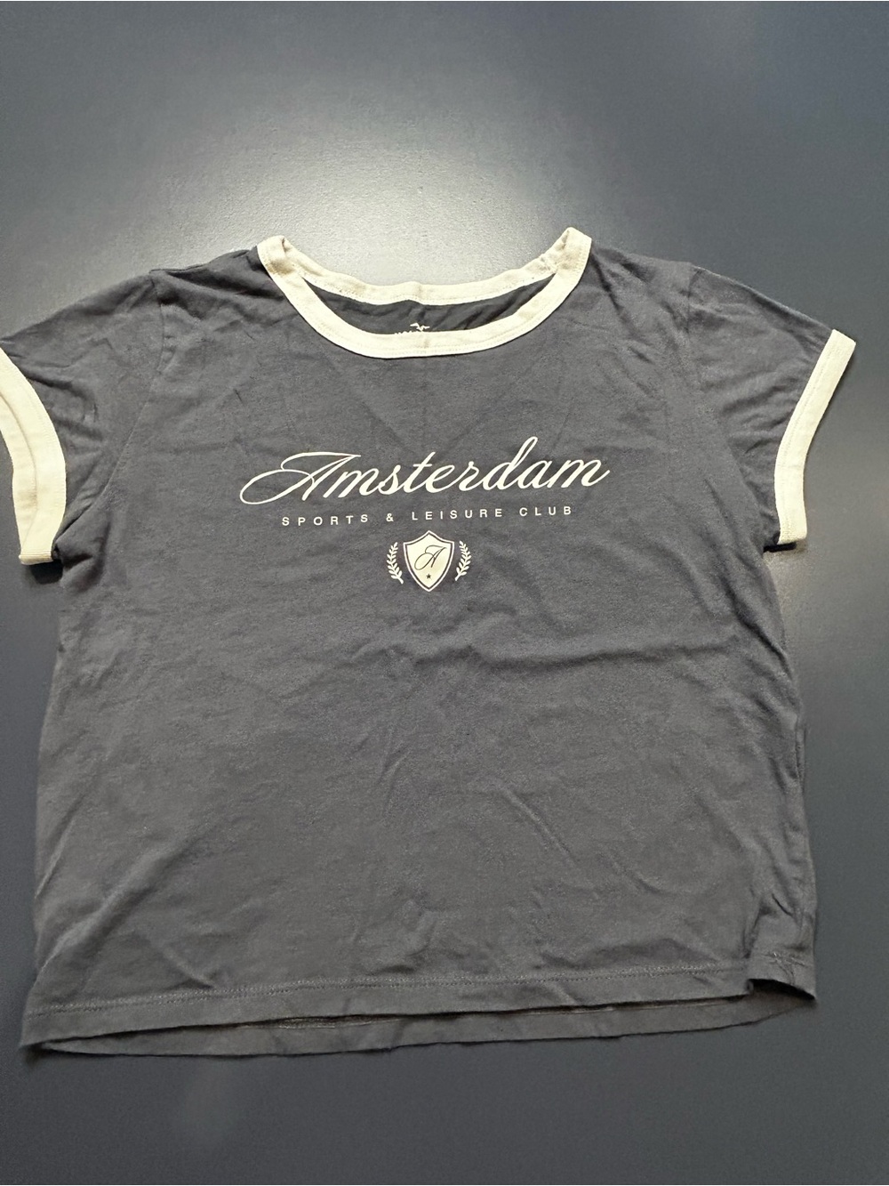 Hollister size S Amsterdam Graphic Ringer Tee  women’s - blue with white Trim